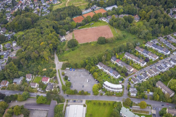 Aerial view, market place Emst at Karl-Ernst-Osthaus-Straße and Loheplatz sports facility in the district Emst in Hagen, Ruhr area, North Rhine-Westphalia, Germany, DE, Europe, football field, Hagen, aerial view, aerial photography, aerial photography, market place, sports, sports facilities, sports field, sports facility, overview, bird's-eye view, overview