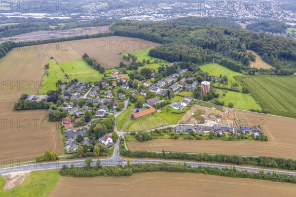 Aerial view, construction site and new building on Haßleyer Straße in the Emst district of Hagen, Ruhr area, North Rhine-Westphalia, Germany