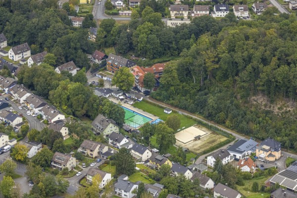 Aerial view, outdoor swimming pool Henkhausen in the district Hohenlimburg in Hagen, Ruhr area, North Rhine-Westphalia, Germany, bathing establishment, bathing resort, DE, Europe, outdoor swimming pool, Hagen, aerial view, aerial photography, aerial photography, swimming pool, overview, bird's-eye view, overview