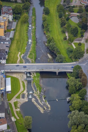 Aerial view, bridge of the federal road B7 Stennenstraße over the river Lenne with white water facility in the district Hohenlimburg, Hagen, Ruhr area, North Rhine-Westphalia, Germany, bridge, federal road B7, DE, Europe, Lenne bridge, aerial view, aerial photography, aerial photography, overview, bird's-eye view, overview