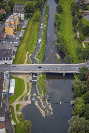 Aerial view, bridge of the federal road B7 Stennenstraße over the river Lenne with white water facility in the district Hohenlimburg, Hagen, Ruhr area, North Rhine-Westphalia, Germany, bridge, federal road B7, DE, Europe, Lenne bridge, aerial view, aerial photography, aerial photography, overview, bird's-eye view, overview