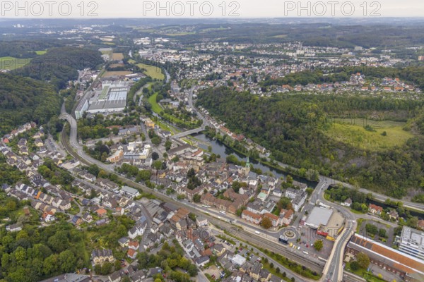 Aerial view, town view with Lenne bridge and river Lenne and quarry Hagen-Hohenlimburg in the district Hohenlimburg in Hagen, Ruhr area, North Rhine-Westphalia, Germany, DE, Europe, Hagen, roundabout, roundabout, aerial view, aerial photography, aerial photography, overview, birds-eyes view, overview