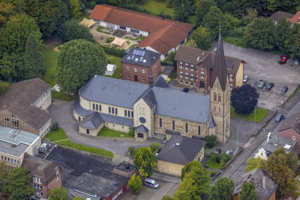 Aerial view, St. Boniface Catholic Church, Old Wineyard School and St. Boniface Day Care Centre in the Hohenlimburg district of Hagen, Ruhr area, North Rhine-Westphalia, Germany, place of worship, DE, Europe, religious community, place of worship, Hagen, sacred site, kindergarten, day care centre, day care centre, church, parish, day care centre, denomination, aerial view, aerial photography, aerial photography, religion, religious site, overview, bird's-eye view, overview