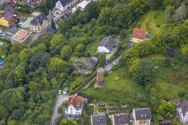 Aerial view, octagonal water tower with monument protection at Boeingstraße in the district Hohenlimburg in Hagen, Ruhr area, North Rhine-Westphalia, Germany, DE, monument protection, Europe, Hagen, aerial view, aerial photography, aerial photography, tower, overview, bird's-eye view, overview