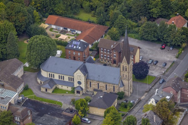 Aerial view, St. Boniface Catholic Church, Old Wineyard School and St. Boniface Day Care Centre in the Hohenlimburg district of Hagen, Ruhr area, North Rhine-Westphalia, Germany, place of worship, DE, Europe, religious community, place of worship, Hagen, sacred site, kindergarten, day care centre, day care centre, church, parish, day care centre, denomination, aerial view, aerial photography, aerial photography, religion, religious site, overview, bird's-eye view, overview