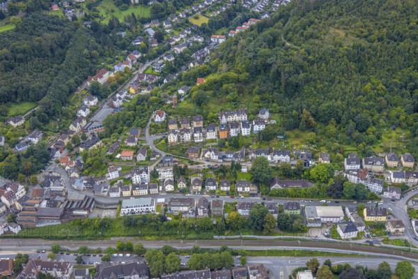 Aerial view, housing estate An der Kehle and Alter Wasserturm in the district Hohenlimburg in Hagen, Ruhr area, North Rhine-Westphalia, Germany, DE, monument protection, Europe, property tax, Hagen, real estate, aerial view, aerial photography, aerial photography, overview, bird's-eye view, housing estate, living and living, residential area, residential buildings, residential quality, residential neighbourhood, housing estate, birds-eyes view, overview