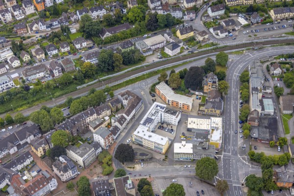 Aerial view, shopping centre Mitte at Preinstraße in the district Hohenlimburg in Hagen, Ruhr area, North Rhine-Westphalia, Germany, DE, shopping markets, shopping centre, Europe, Hagen, aerial view, aerial photography, aerial photography, local supply centre, overview, bird's-eye view, overview