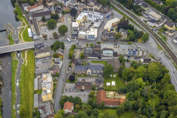 Aerial view, St. Boniface Catholic Church, Old Wineyard School and St. Boniface Day Care Centre in the Hohenlimburg district of Hagen, Ruhr area, North Rhine-Westphalia, Germany, place of worship, DE, Europe, religious community, place of worship, Hagen, sacred site, kindergarten, day care centre, day care centre, church, parish, day care centre, denomination, aerial view, aerial photography, aerial photography, religion, religious site, overview, bird's-eye view, overview
