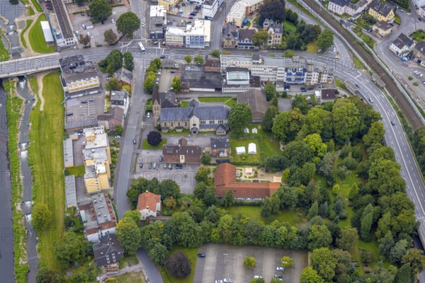 Aerial view, St. Boniface Catholic Church, Old Wineyard School and St. Boniface Day Care Centre in the Hohenlimburg district of Hagen, Ruhr area, North Rhine-Westphalia, Germany, place of worship, DE, Europe, religious community, place of worship, Hagen, sacred site, kindergarten, day care centre, day care centre, church, parish, day care centre, denomination, aerial view, aerial photography, aerial photography, religion, religious site, overview, bird's-eye view, overview