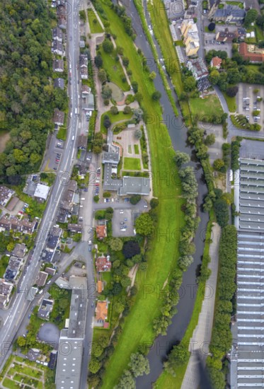 Aerial view, river Lenne at Lennepark and Richard-Römer-Lennebad in the district Hohenlimburg in Hagen, Ruhr area, North Rhine-Westphalia, Germany, DE, Europe, leisure pool, Hagen, aerial view, aerial photography, aerial photography, park, swimming pool, overview, bird's eye view, birds-eyes view, overview