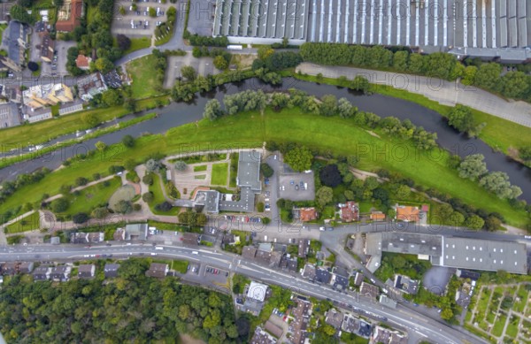 Aerial view, river Lenne at Lennepark and Richard-Römer-Lennebad in the district Hohenlimburg in Hagen, Ruhr area, North Rhine-Westphalia, Germany, DE, Europe, leisure pool, Hagen, aerial view, aerial photography, aerial photography, park, swimming pool, overview, bird's eye view, birds-eyes view, overview
