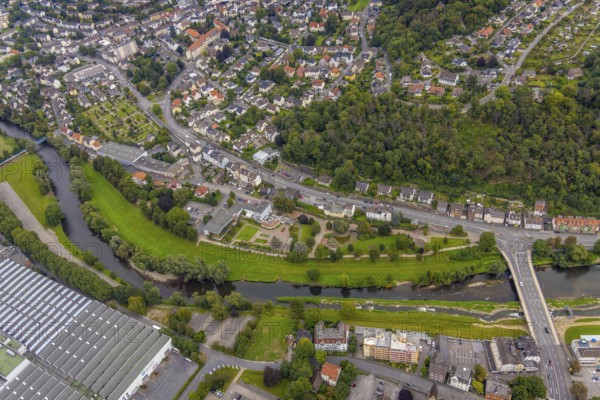 Aerial view, river Lenne at Lennepark and Richard-Römer-Lennebad in the district Hohenlimburg in Hagen, Ruhr area, North Rhine-Westphalia, Germany, DE, Europe, leisure pool, Hagen, aerial view, aerial photography, aerial photography, park, swimming pool, overview, bird's eye view, birds-eyes view, overview