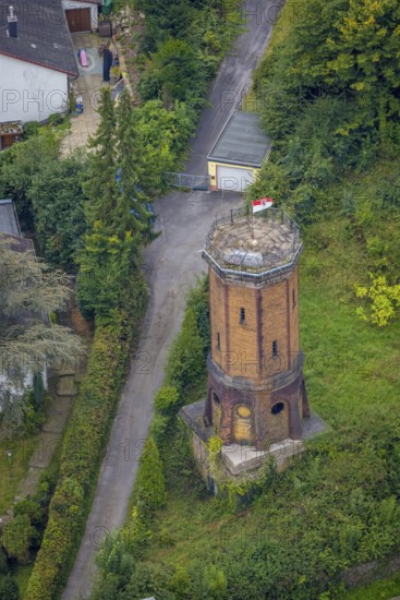 Aerial view, octagonal water tower with monument protection at Boeingstraße in the district Hohenlimburg in Hagen, Ruhr area, North Rhine-Westphalia, Germany, DE, monument protection, Europe, Hagen, aerial view, aerial photography, aerial photography, tower, overview, bird's-eye view, overview