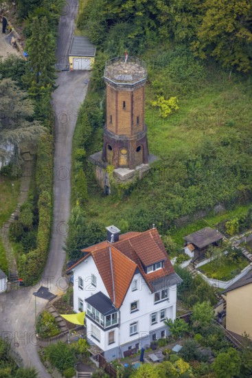 Aerial view, octagonal water tower with monument protection at Boeingstraße in the district Hohenlimburg in Hagen, Ruhr area, North Rhine-Westphalia, Germany, DE, monument protection, Europe, Hagen, aerial view, aerial photography, aerial photography, tower, overview, bird's-eye view, overview