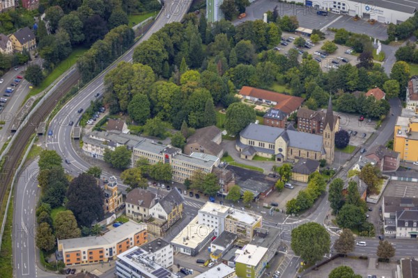 Aerial view, St. Boniface Catholic Church, Old Wineyard School and St. Boniface Day Care Centre in the Hohenlimburg district of Hagen, Ruhr area, North Rhine-Westphalia, Germany, place of worship, DE, Europe, religious community, place of worship, Hagen, sacred site, kindergarten, day care centre, day care centre, church, parish, day care centre, denomination, aerial view, aerial photography, aerial photography, religion, religious site, overview, bird's-eye view, overview