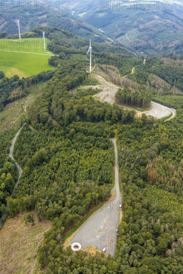 Aerial view, forest area with planned wind turbine construction in Veserde in Nachrodt-Wiblingwerde, Ruhr area, North Rhine-Westphalia, Germany, DE, Europe, aerial view, aerial photography, aerial photography, Nachrodt-Wiblingwerde, overview, bird's-eye view, WEA, forest area, wind energy, wind energy plant, wind power, wind power plant, wind turbines, birds-eyes view, overview