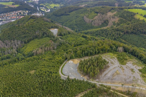 Aerial view, forest area with planned wind turbine construction in Veserde in Nachrodt-Wiblingwerde, Ruhr area, North Rhine-Westphalia, Germany, DE, Europe, aerial view, aerial photography, aerial photography, Nachrodt-Wiblingwerde, overview, bird's-eye view, WEA, forest area, wind energy, wind energy plant, wind power, wind power plant, wind turbines, birds-eyes view, overview