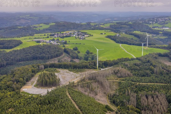 Aerial view, forest area with planned wind turbine construction in Veserde in Nachrodt-Wiblingwerde, Ruhr area, North Rhine-Westphalia, Germany, DE, Europe, aerial view, aerial photography, aerial photography, Nachrodt-Wiblingwerde, overview, bird's-eye view, WEA, forest area, wind energy, wind energy plant, wind power, wind power plant, wind turbines, birds-eyes view, overview
