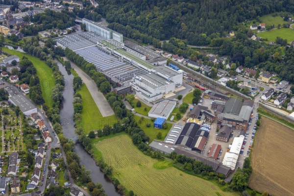 Aerial view, Bilstein Group factory premises and Färberstraße industrial estate in the Hohenlimburg district of Hagen, Ruhr area, North Rhine-Westphalia, Germany, DE, Europe, commercial enterprises, commercial area, industrial estate, business park, commercial location, commercial use, Hagen, industrial area, industrial building, industrial location, aerial photograph, aerial photography, aerial photography, overview, bird's-eye view, bird's-eye view, overview