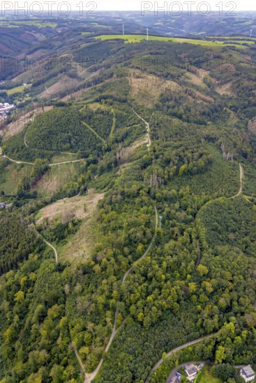 Aerial view, forest damage at Schleipenberg and Stoppelberg in the district Hohenlimburg in Hagen, Ruhr area, North Rhine-Westphalia, Germany, tree dieback, bark beetle damage, bark beetle plague, DE, Europe, commercial enterprises, commercial area, commercial area, commercial location, commercial use, Hagen, aerial view, aerial photography, aerial photography, overview, bird's eye view, forest area, forest damage, forest dieback, birds-eyes view, overview