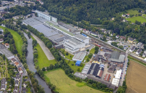 Aerial view, Bilstein Group factory premises and Färberstraße industrial estate in the Hohenlimburg district of Hagen, Ruhr area, North Rhine-Westphalia, Germany, DE, Europe, commercial enterprises, commercial area, industrial estate, business park, commercial location, commercial use, Hagen, industrial area, industrial building, industrial location, aerial photograph, aerial photography, aerial photography, overview, bird's-eye view, bird's-eye view, overview
