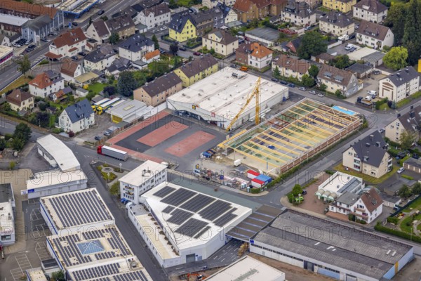Aerial view, commercial area Elseyer Straße with construction site and new building at Lidl supermarket in the district Hohenlimburg in Hagen, Ruhr area, North Rhine-Westphalia, Germany, construction work, construction area, building site, building plots, construction project, construction site, DE, shopping markets, shopping centre, Europe, commercial enterprises, commercial area, commercial area, commercial park, commercial location, commercial use, Hagen, industrial area, industrial building, industrial location, aerial view, aerial photography, aerial photography, local supply centre, new building, supermarket, overview, bird's-eye view, overview