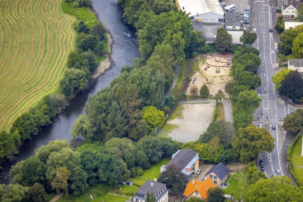 Aerial view, Elseyer playground at the river Lenne in the district Hohenlimburg in Hagen, Ruhr area, North Rhine-Westphalia, Germany, DE, Europe, Hagen, aerial view, aerial photography, aerial photography, overview, bird's eye view, birds-eyes view, overview