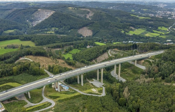 Aerial view, motorway A45 Brunsbecke viaduct in the district Dahl in Hagen, Ruhr area, North Rhine-Westphalia, Germany, motorway A45, motorway bridge, DE, Europe, Hagen, aerial view, aerial photography, aerial photography, viaduct, overview, bird's-eye view, overview