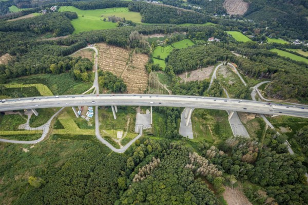 Aerial view, motorway A45 Brunsbecke viaduct in the district Dahl in Hagen, Ruhr area, North Rhine-Westphalia, Germany, motorway A45, motorway bridge, DE, Europe, Hagen, aerial view, aerial photography, aerial photography, viaduct, overview, bird's-eye view, overview