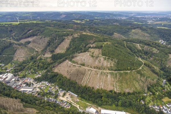 Aerial view, forest damage at Schleipenberg in the district Hohenlimburg in Hagen, Ruhr area, North Rhine-Westphalia, Germany, tree dieback, bark beetle damage, bark beetle plague, DE, Europe, Hagen, aerial view, aerial photography, aerial photography, overview, bird's-eye view, forest damage, forest dieback, birds-eyes view, overview