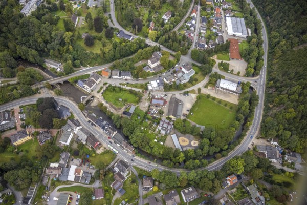 Aerial photo, flood protection at the Volme bridge and railway bridge in the district of Dahl in Hagen, Ruhr area, North Rhine-Westphalia, Germany, DE, Europe, flood disaster, Hagen, flood, flood disaster, flood protection, aerial photo, aerial photography, aerial photography, overview, bird's-eye view, overview, flooding, flooding area