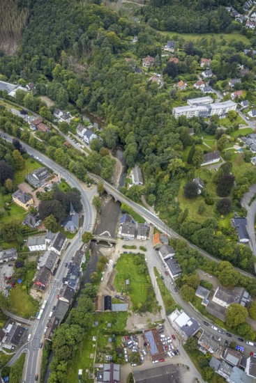 Aerial photo, flood protection at the Volme bridge and railway bridge in the district of Dahl in Hagen, Ruhr area, North Rhine-Westphalia, Germany, DE, Europe, flood disaster, Hagen, flood, flood disaster, flood protection, aerial photo, aerial photography, aerial photography, overview, bird's-eye view, overview, flooding, flooding area