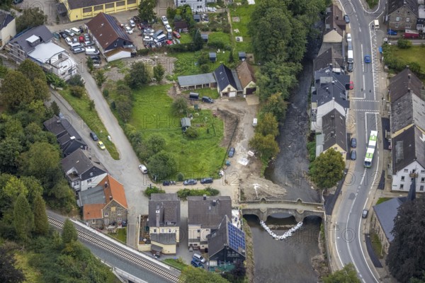 Aerial photo, flood protection at the Volme bridge in the district of Dahl in Hagen, Ruhr area, North Rhine-Westphalia, Germany, DE, Europe, flood disaster, Hagen, flood, flood disaster, flood protection, aerial photo, aerial photography, aerial photography, overview, bird's eye view, birds-eyes view, overview, flooding, flooding area