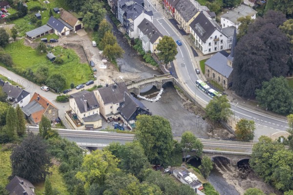 Aerial photo, flood protection at the Volme bridge and railway bridge in the district of Dahl in Hagen, Ruhr area, North Rhine-Westphalia, Germany, DE, Europe, flood disaster, Hagen, flood, flood disaster, flood protection, aerial photo, aerial photography, aerial photography, overview, bird's-eye view, overview, flooding, flooding area