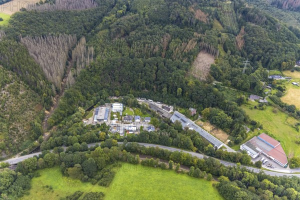 Aerial view, forest damage on the forest slope at the Finking in the district of Dahl, Hagen, Ruhr area, North Rhine-Westphalia, Germany, tree dieback, bark beetle damage, bark beetle plague, DE, Europe, commercial enterprises, commercial area, commercial area, commercial site, commercial use, industrial area, industrial site, aerial view, aerial photography, aerial photography, overview, bird's eye view, forest damage, forest dieback, birds-eyes view, overview