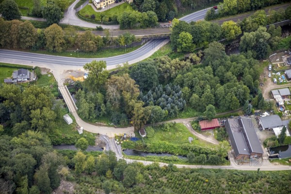 Aerial view, Volmebrücke at Delsterner Straße corner Lücköge in the district Delstern in Hagen, Ruhr area, North Rhine-Westphalia, Germany, DE, Europe, Hagen, aerial view, aerial photography, aerial photography, overview, bird's eye view, birds-eyes view, overview