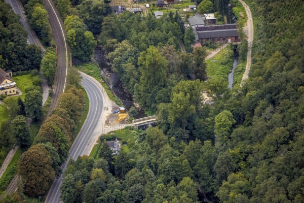 Aerial view, Volmebrücke at Delsterner Straße corner Lücköge in the district Delstern in Hagen, Ruhr area, North Rhine-Westphalia, Germany, DE, Europe, Hagen, aerial view, aerial photography, aerial photography, overview, bird's eye view, birds-eyes view, overview