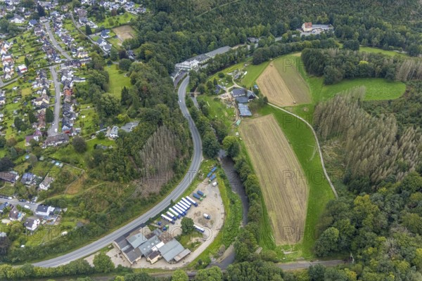 Aerial view, commercial area on Dahler Straße in the district of Dahl in Hagen, Ruhr area, North Rhine-Westphalia, Germany, DE, Europe, commercial enterprises, commercial area, commercial area, commercial location, commercial use, Hagen, industrial area, industrial location, aerial view, aerial photography, aerial photography, tunnel, overview, bird's-eye view, overview