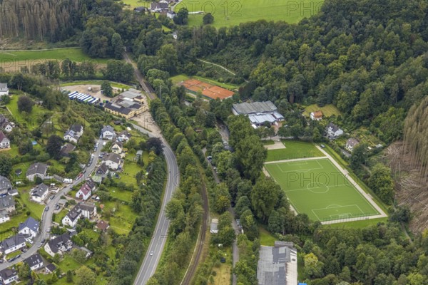 Aerial view, new sports field, tennis court and sports hall Volmetal in the district Dahl in Hagen, Ruhr area, North Rhine-Westphalia, Germany, DE, Europe, football field, Hagen, aerial view, aerial photography, aerial photography, sports, sports field, sports facility, tennis, tennis facility, tennis courts, overview, bird's-eye view, overview