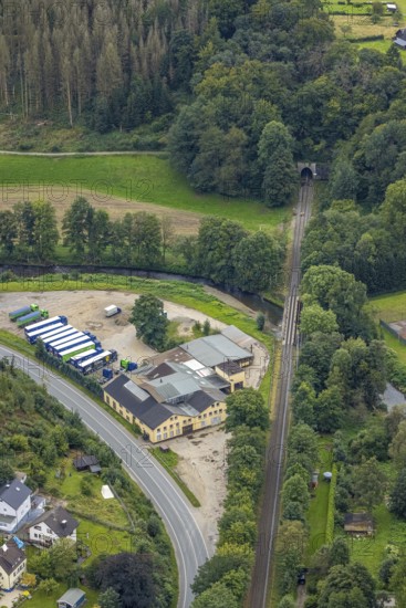 Aerial view, commercial area at the Dahler Straße and tunnel entrance of the railway in the district Dahl in Hagen, Ruhr area, North Rhine-Westphalia, Germany, DE, Europe, commercial enterprises, commercial area, commercial location, commercial use, Hagen, industrial area, industrial location, aerial view, aerial photography, aerial photography, aerial photography, tunnel, overview, bird's eye view, birds-eyes view, overview