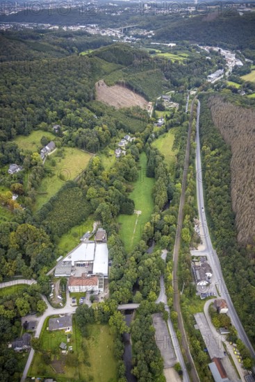 Aerial view, forest damage in the Delstern district of Hagen, Ruhr area, North Rhine-Westphalia, Germany, tree mortality, bark beetle damage, bark beetle plague, DE, Europe, Hagen, aerial view, aerial photography, aerial photography, overview, bird's-eye view, forest damage, forest damage, forest dieback, birds-eyes view, overview