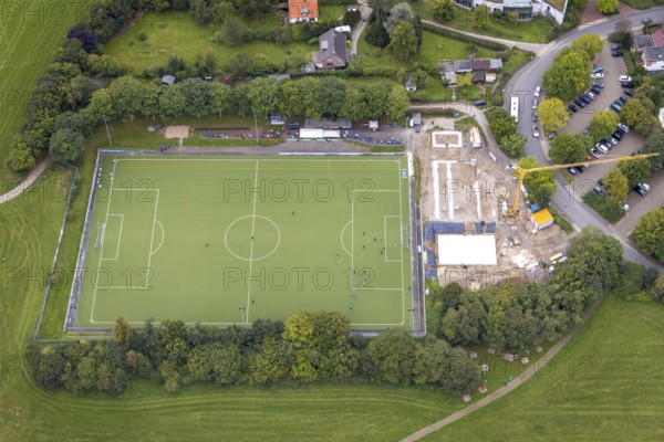 Aerial view, construction site at the sports ground Wörthstraße of TSV Fichte Hagen 1863 in the district Eilpe in Hagen, Ruhr area, North Rhine-Westphalia, Germany, construction work, construction area, building site, building plots, construction project, construction site, DE, Europe, football pitch, football stadium, Hagen, artificial turf pitch, aerial view, aerial photography, aerial photography, sports, sports facilities, sports ground, sports facility, overview, bird's eye view, bird's eye view, overview