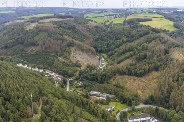 Aerial view, forest damage on Rölveder Straße in the Rummenohl district of Hagen, Ruhr area, North Rhine-Westphalia, Germany, DE, Europe, Hagen, aerial view, aerial photography, aerial photography, overview, bird's-eye view, overview