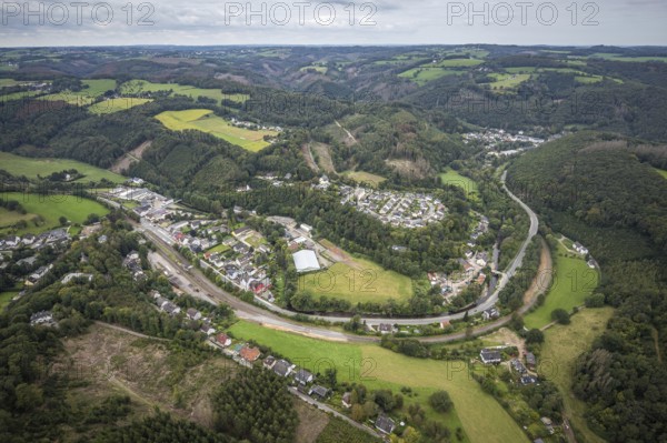 Aerial view, hilly landscape district Rummenohl in Hagen, Ruhr area, North Rhine-Westphalia, Germany, DE, Europe, Hagen, hilly landscape, aerial view, aerial photography, aerial photography, overview, bird's eye view, forest area, living and life, birds-eyes view, overview