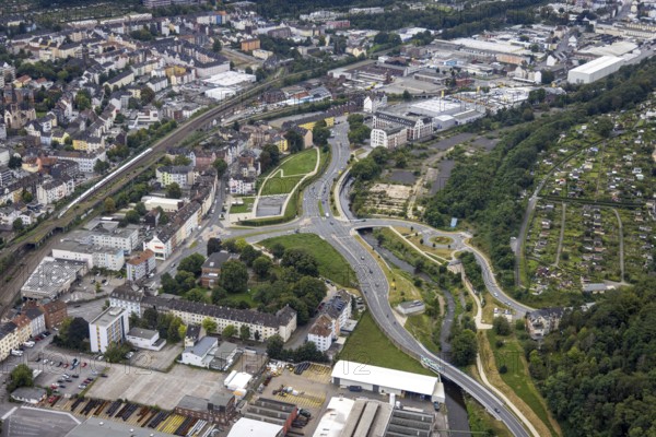 Aerial view, Bohne FreizeitPark and Varta-Insel construction site on Wehringhauser Straße in the Wehringhausen district of Hagen, Ruhr area, North Rhine-Westphalia, Germany, construction work, construction area, construction site, building plots, construction project, construction site, fountain, DE, Europe, leisure park, Hagen, aerial view, aerial photography, aerial photography, overview, bird's-eye view, overview