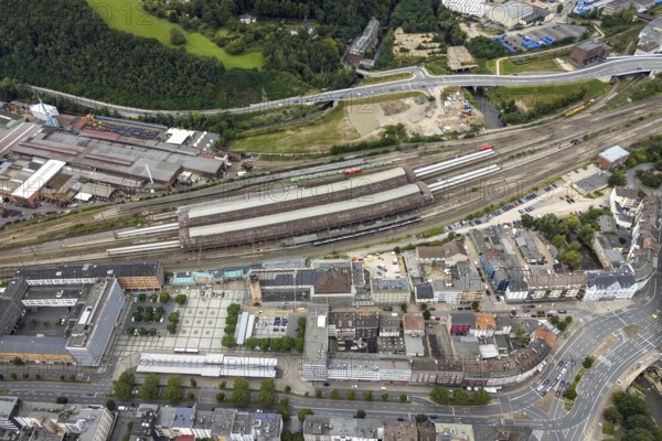 Aerial view, Hagen main station construction site with renovation in the district Mittelstadt in Hagen, Ruhr area, North Rhine-Westphalia, Germany, railway station, construction work, construction area, construction site, building site, construction project, construction site, DE, Deutsche Bahn AG, Europe, Hagen, main station, central station, aerial view, aerial photography, aerial photography, renovation, overview, bird's-eye view, overview