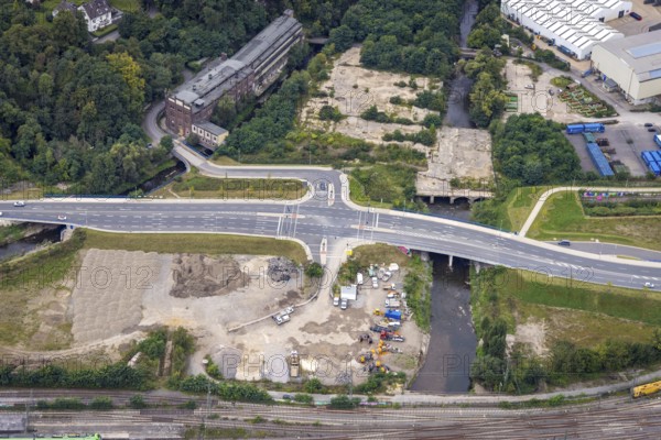 Aerial view, Westside City construction area and construction site between new road with river Volme and former screw factory Funcke and Hueck as well as main station in the district Altenhagen in Hagen, Ruhr area, North Rhine-Westphalia, Germany, railway tracks, railway station, construction work, construction area, construction site, building plots, construction project, construction site, DE, Deutsche Bahn AG, Europe, Hagen, main station, main station, aerial view, aerial photography, aerial photography, overview, bird's-eye view, overview