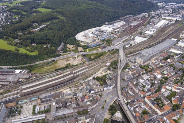 Aerial view, Westside City construction area and construction site between new road with river Volme and former screw factory Funcke and Hueck as well as main station in the district Altenhagen in Hagen, Ruhr area, North Rhine-Westphalia, Germany, railway tracks, railway station, construction work, construction area, construction site, building plots, construction project, construction site, DE, Deutsche Bahn AG, Europe, Hagen, main station, main station, aerial view, aerial photography, aerial photography, overview, bird's-eye view, overview