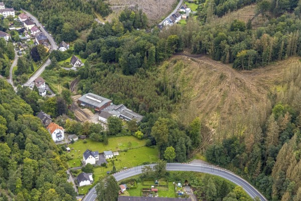 Aerial view, forest damage on Rölveder Straße and timber operation in the Rummenohl district in Hagen, Ruhr area, North Rhine-Westphalia, Germany, DE, Europe, Hagen, aerial view, aerial photography, aerial photography, overview, bird's-eye view, overview