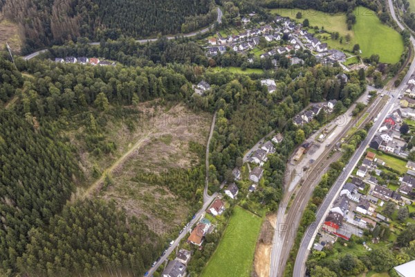 Aerial view, forest damage in the Rummenohl district of Hagen, Ruhr area, North Rhine-Westphalia, Germany, tree mortality, bark beetle damage, bark beetle plague, DE, Europe, Hagen, clear-cutting, aerial photography, aerial photography, aerial photography, overview, bird's-eye view, forest damage, forest damage, forest dieback, birds-eyes view, overview